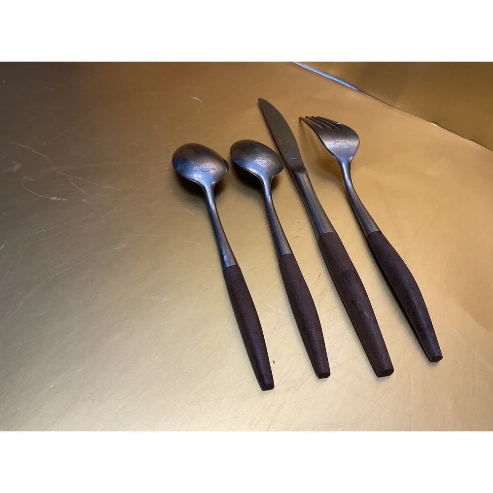 Interpur Japan Stainless Flatware Brown Faux Wood Handle Scroll 4pc Set Spoons